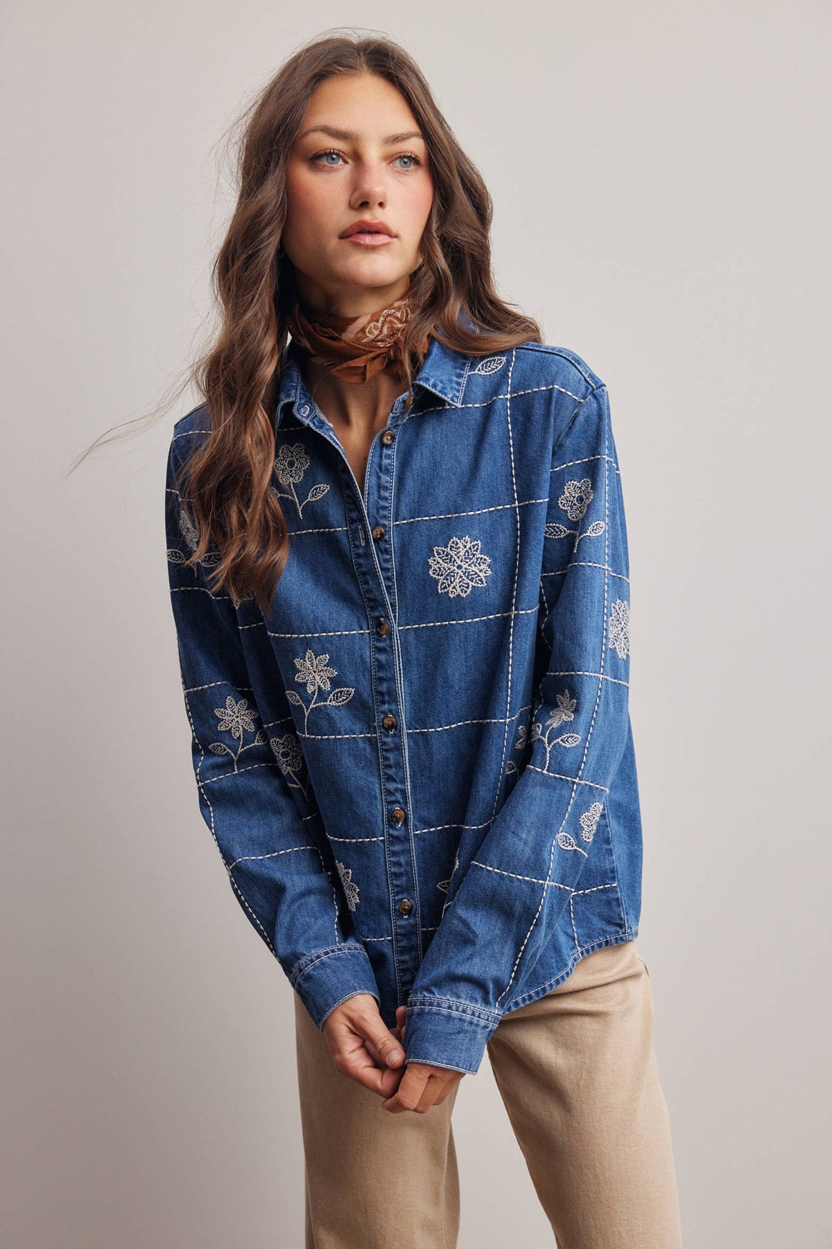 Embroidered Grid Denim Shirt