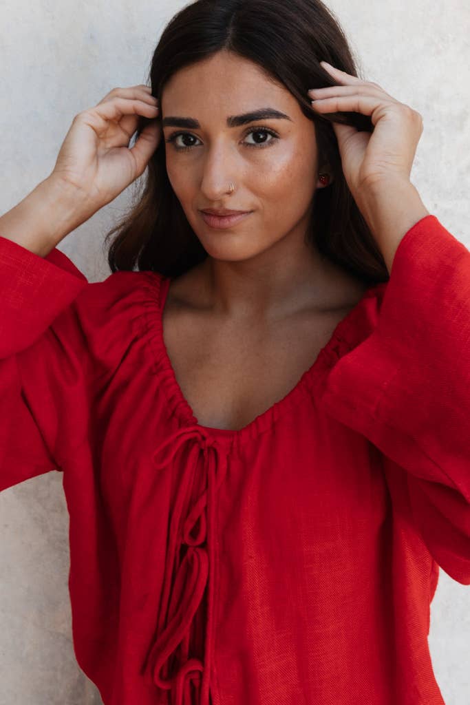 Red Linen Blend Top: S/M