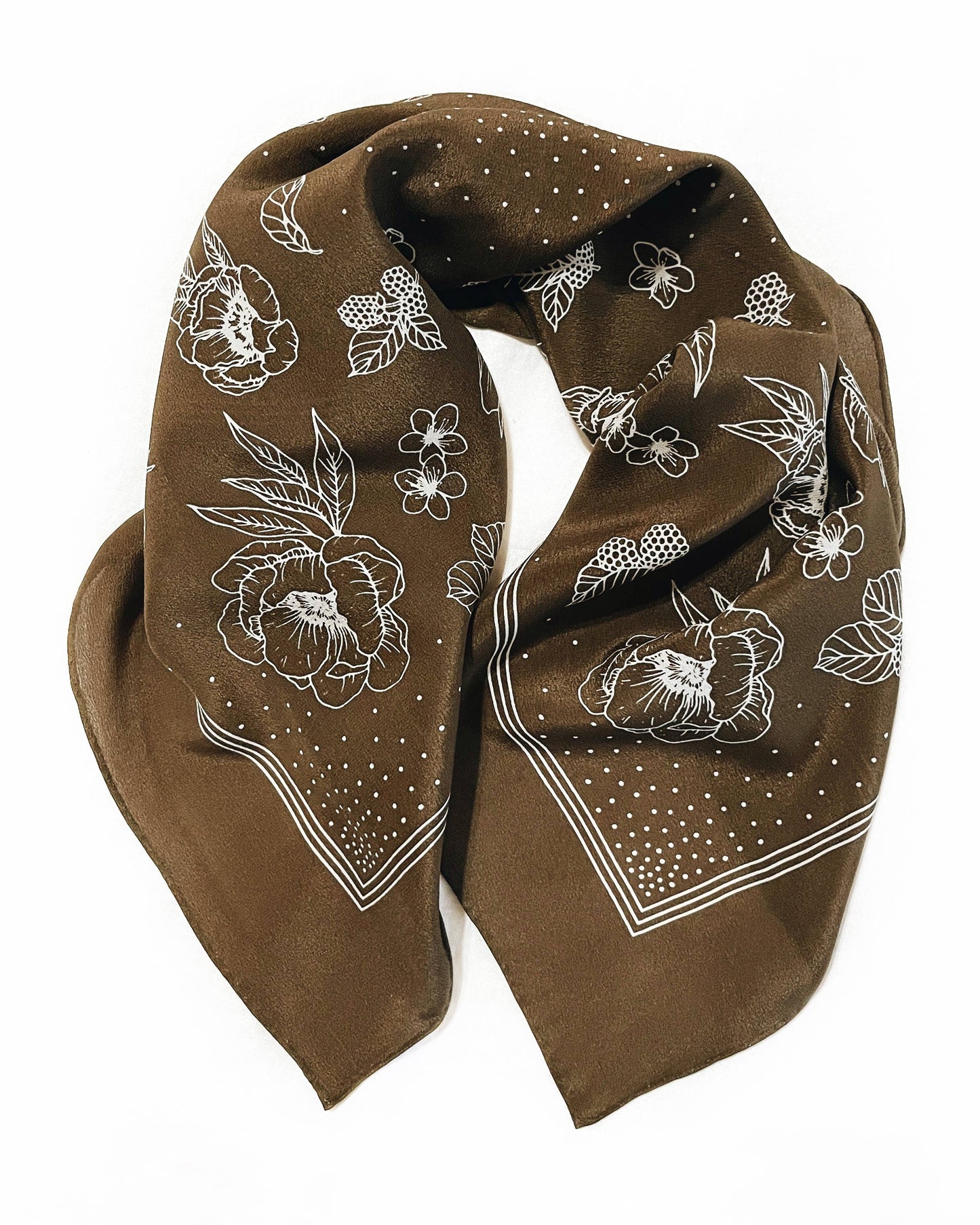 Flora West Design - 100% Silk Bandana Scarf - Classic Deep Olive Floral Western
