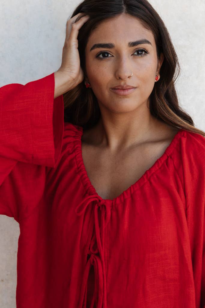 Red Linen Blend Top: L/XL