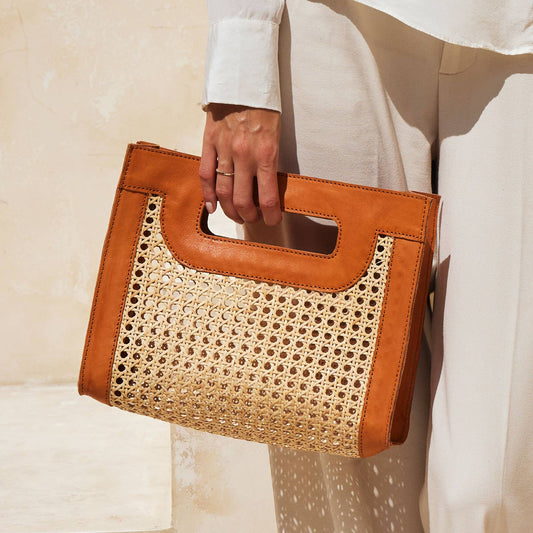 Rattan Cane Weave Handbag with Brown Leather Trim