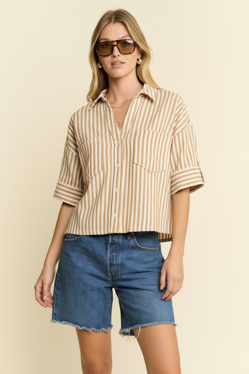 JADE BY JANE - STRIPE COLLAR SHORT SLEEVES SHIRT: CEMENT / L