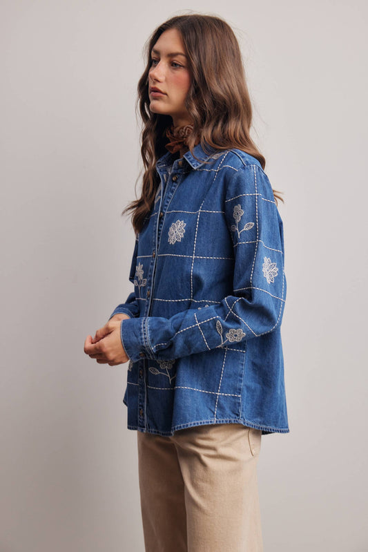 Embroidered Grid Denim Shirt