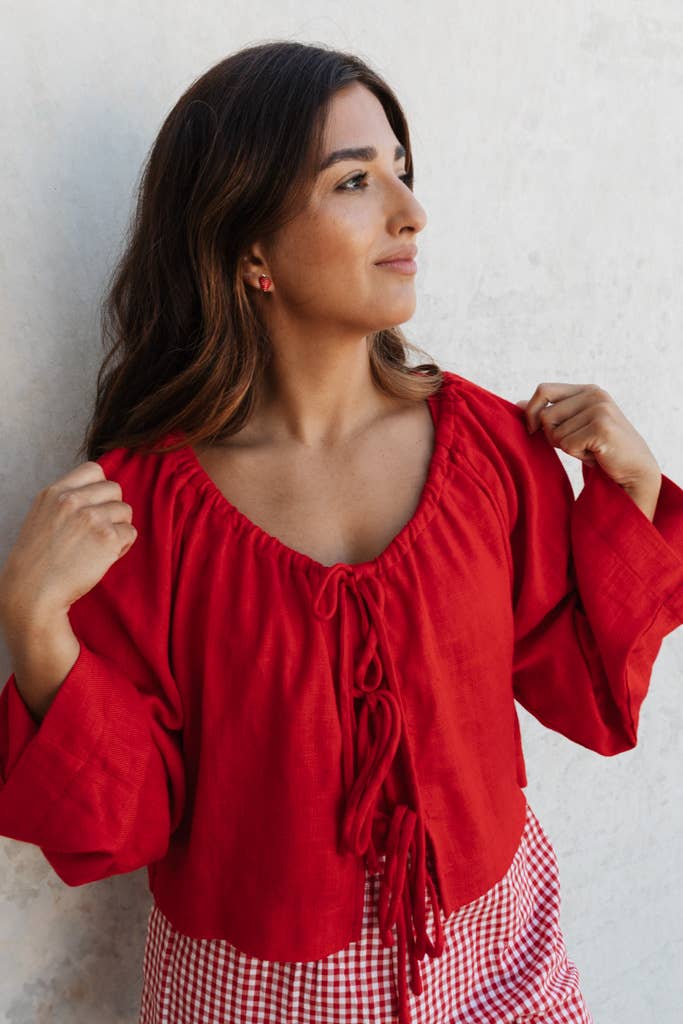 Red Linen Blend Top: L/XL