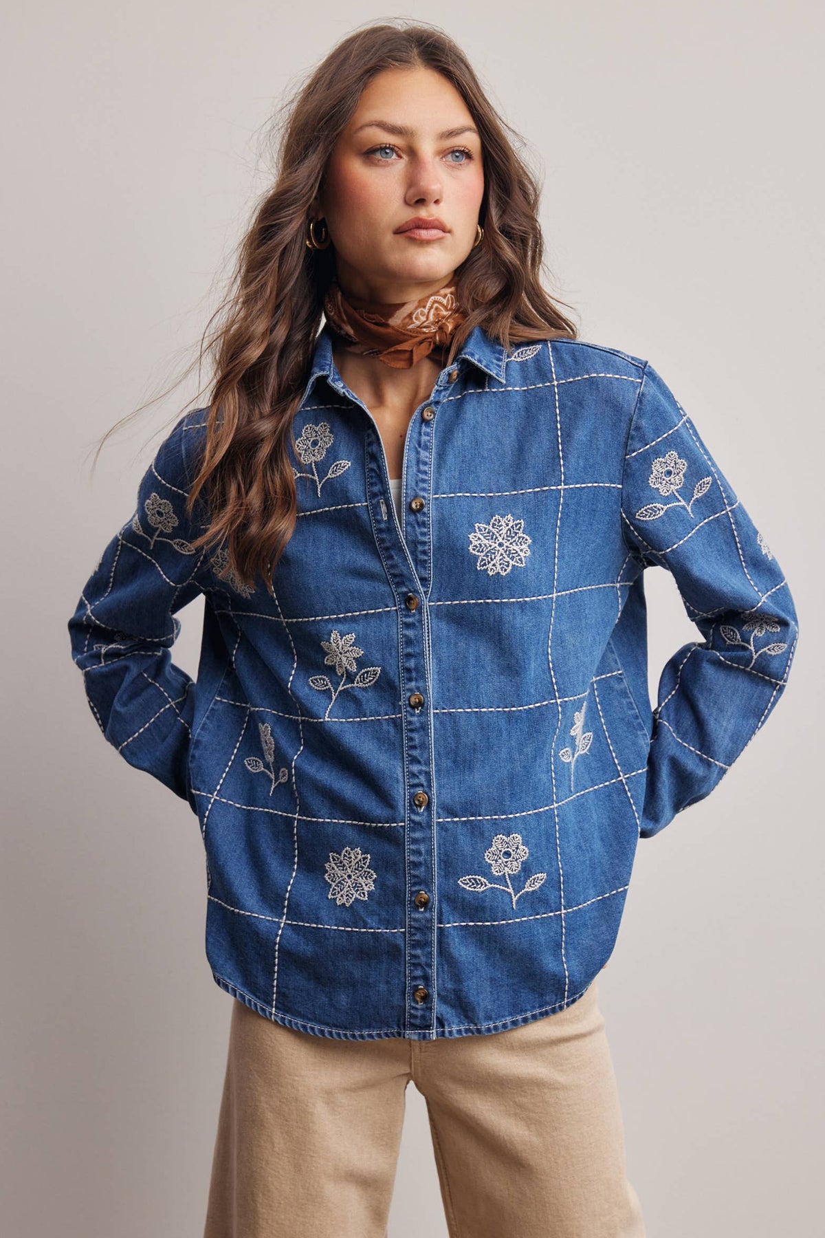 Embroidered Grid Denim Shirt