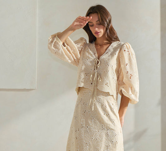 Able - Floral Eyelet-Embroidered Top: Butter Cream / L
