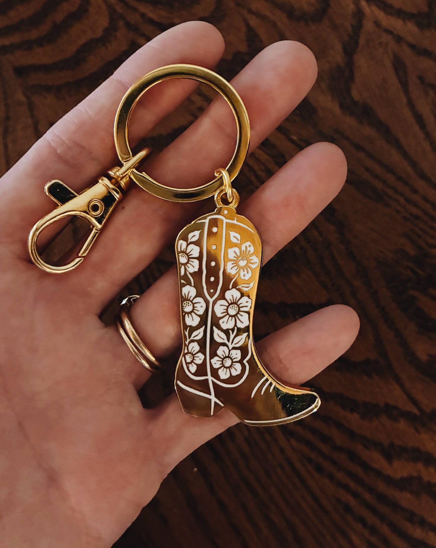Flora West Design - Cowboy Boot Keychain – Gold Enamel Accessory for Bags or Key