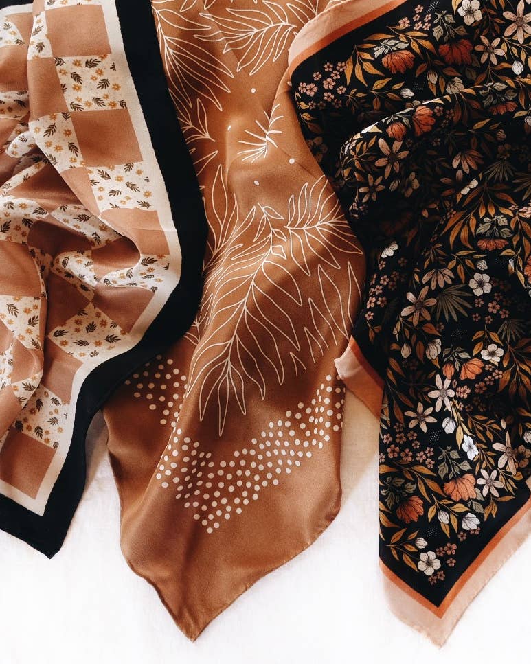 Flora West Design - 100% Silk Bandana Scarf - Tropical Palms Amber Western Style